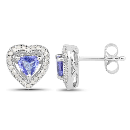 Natural Tanzanite Heart Earrings With Diamonds 1.16 Carats Sterling Silver