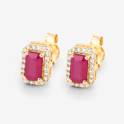 Ruby Earrings Diamond Halo 0.74 Carats 14K Yellow Gold