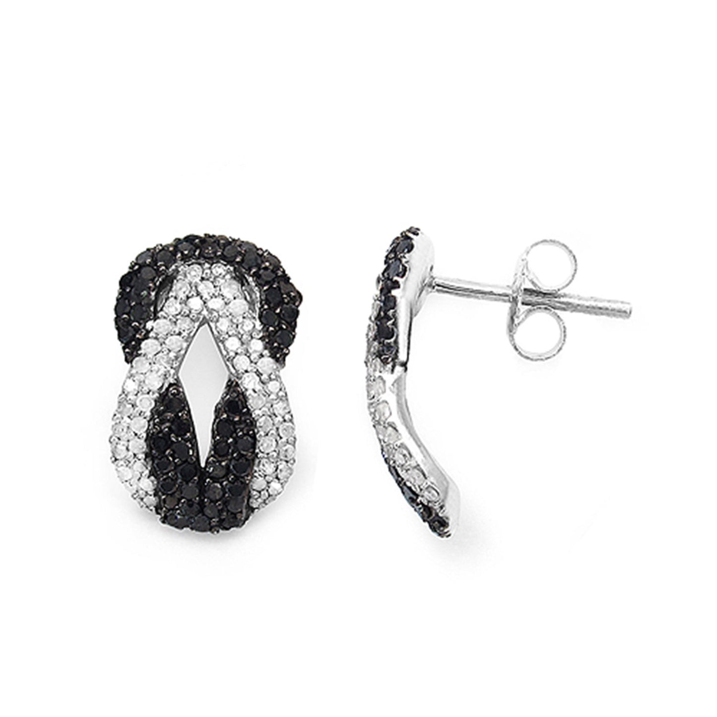 Infinity Knot Stud Earrings Black and White Diamonds Sterling Silver