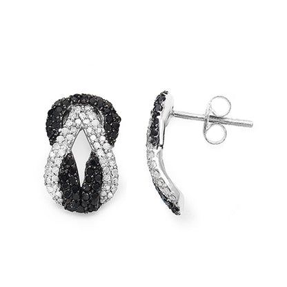 Infinity Knot Stud Earrings Black and White Diamonds Sterling Silver