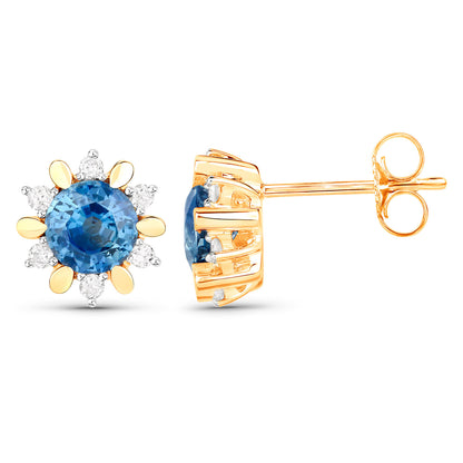 Natural Blue Sapphire Earrings With Diamonds 1.84 Carats 14K Yellow Gold