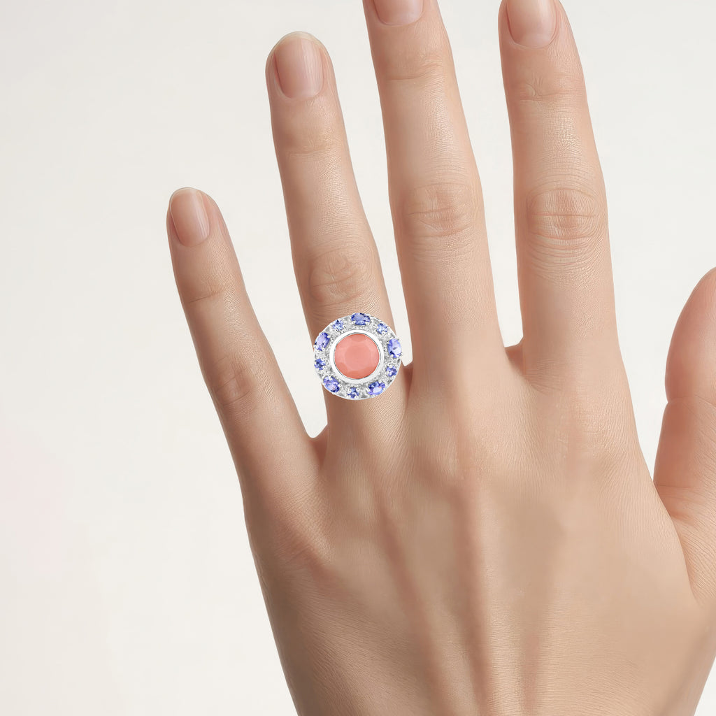 Peach Moonstone Ring With Tanzanite 4.46 Carats Sterling Silver