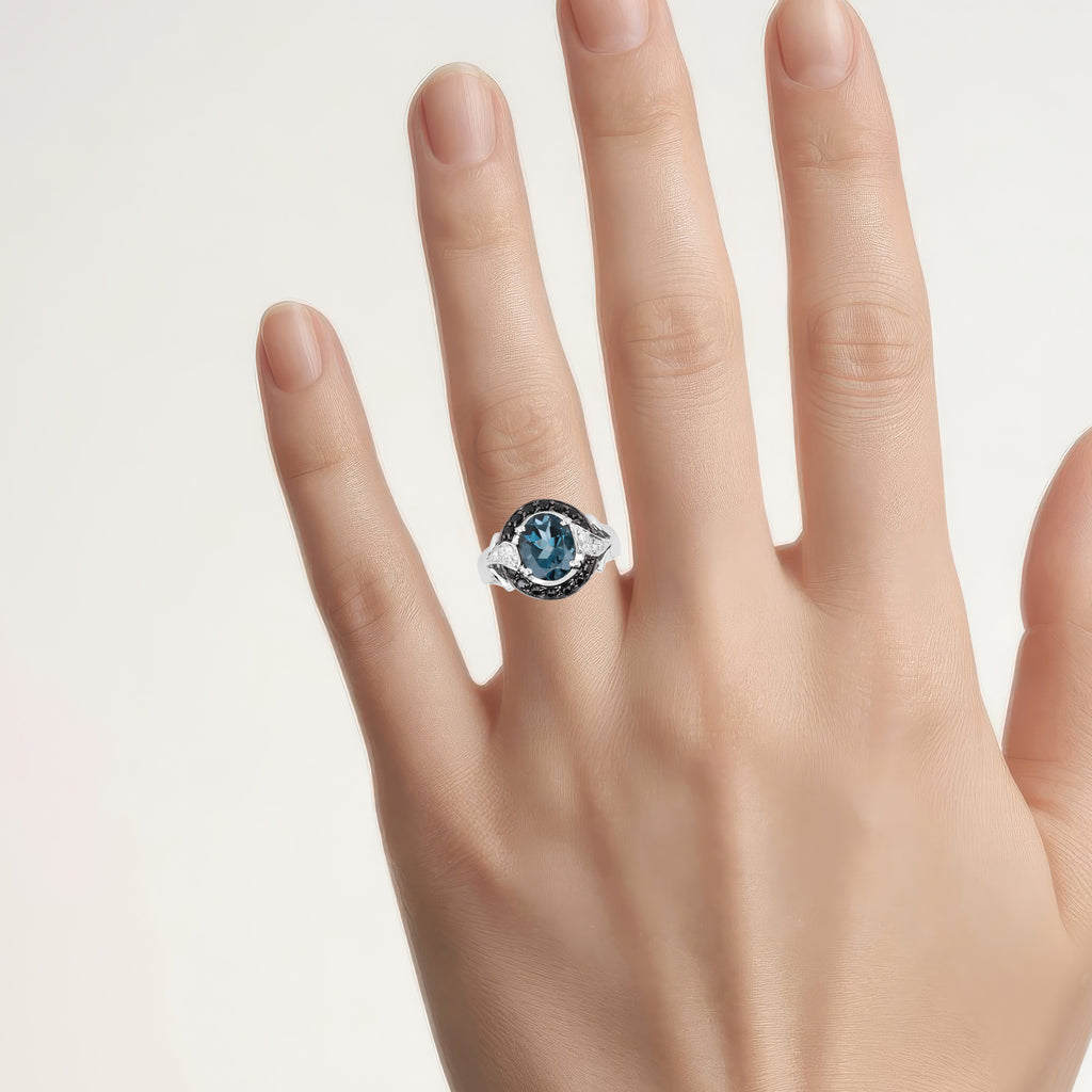 London Blue Topaz Ring With Black Spinel 4.22 Carats Sterling Silver