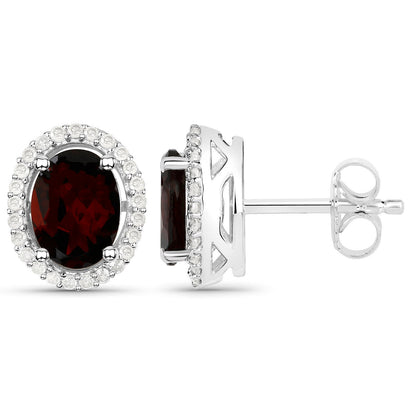 Garnet Stud Earrings With Diamonds 2.74 Carats Sterling Silver
