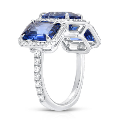 Stunning Three Stone Blue Sapphire Ring 8.3 Carats 18K White Gold