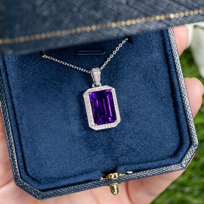 Amethyst Pendant Necklace Diamond Halo 5.34 Carats Sterling Silver