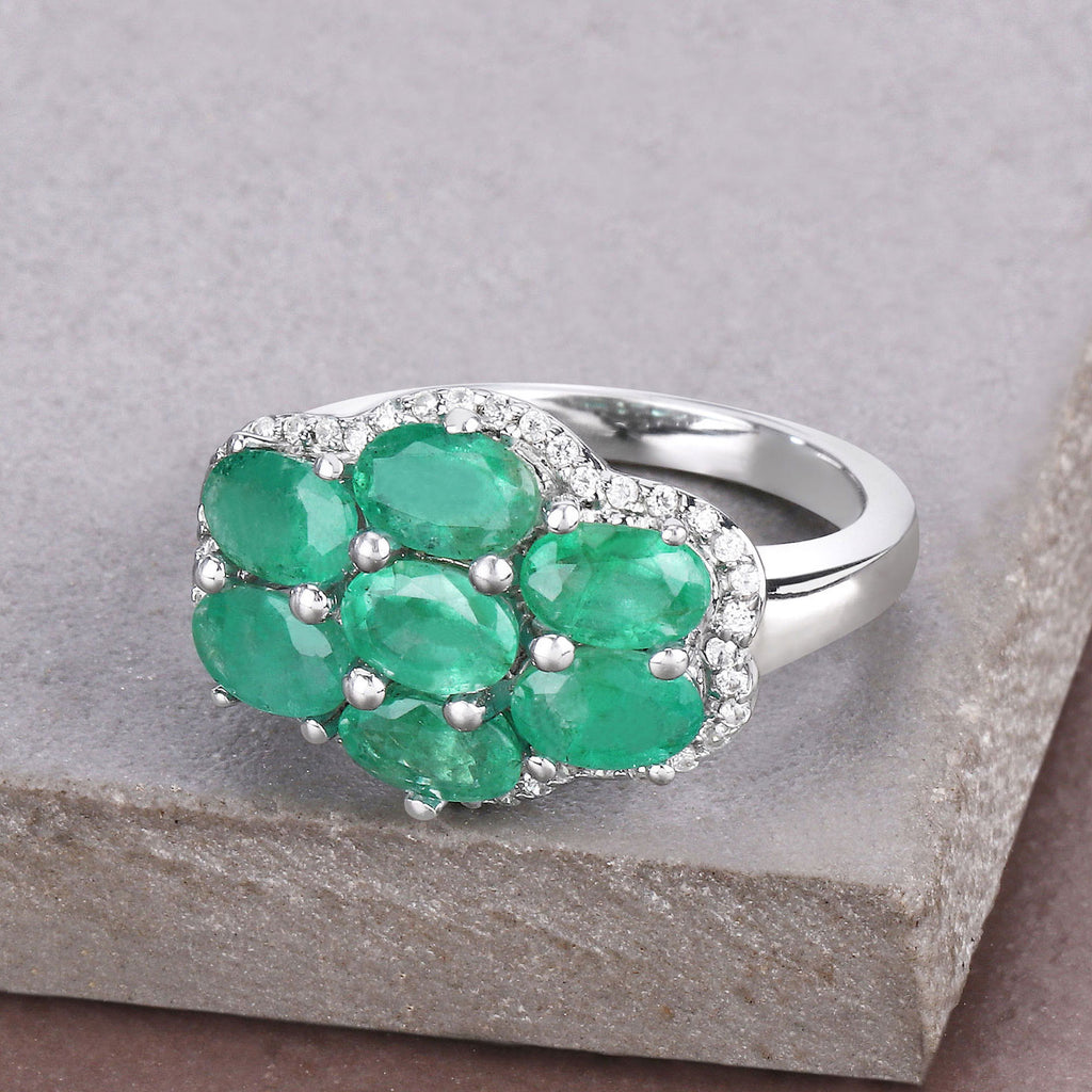 Zambian Emerald Ring With White Zircon 3.3 Carats Sterling Silver