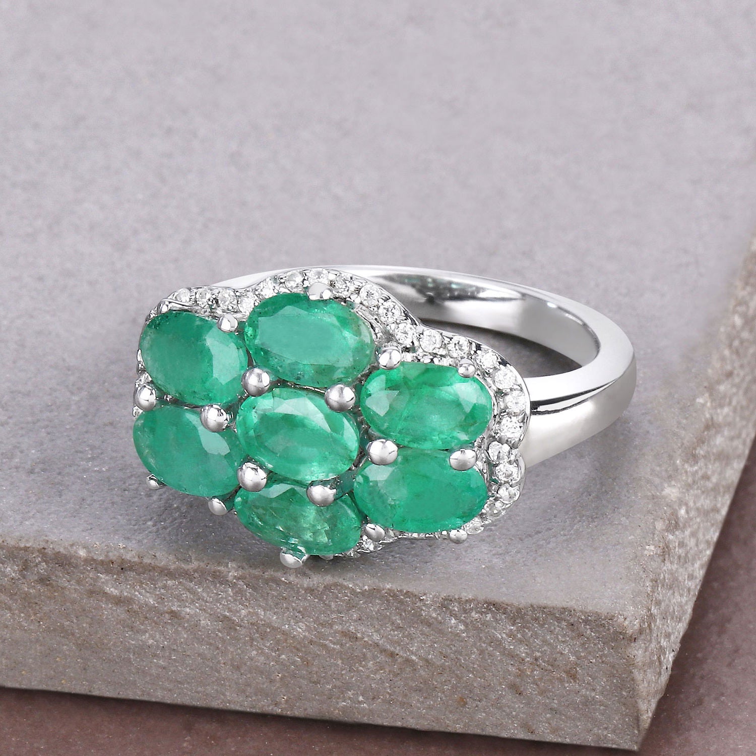 Zambian Emerald Ring With White Zircon 3.3 Carats Sterling Silver