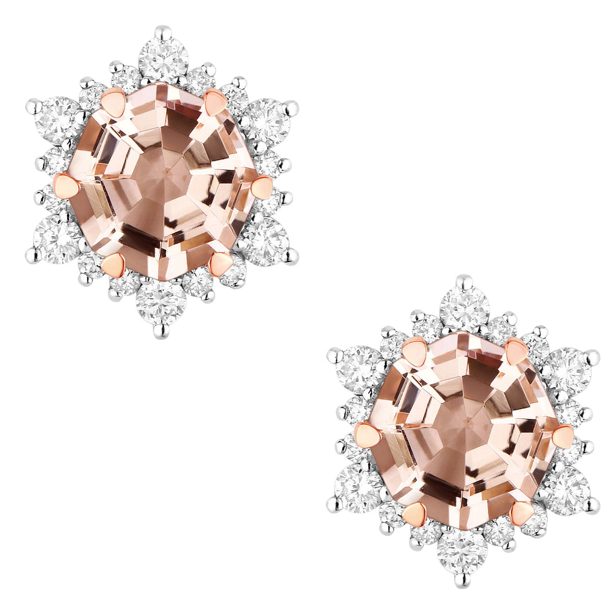 Morganite Stud Earrings With Diamonds 2.1 Carats 14K Rose Gold
