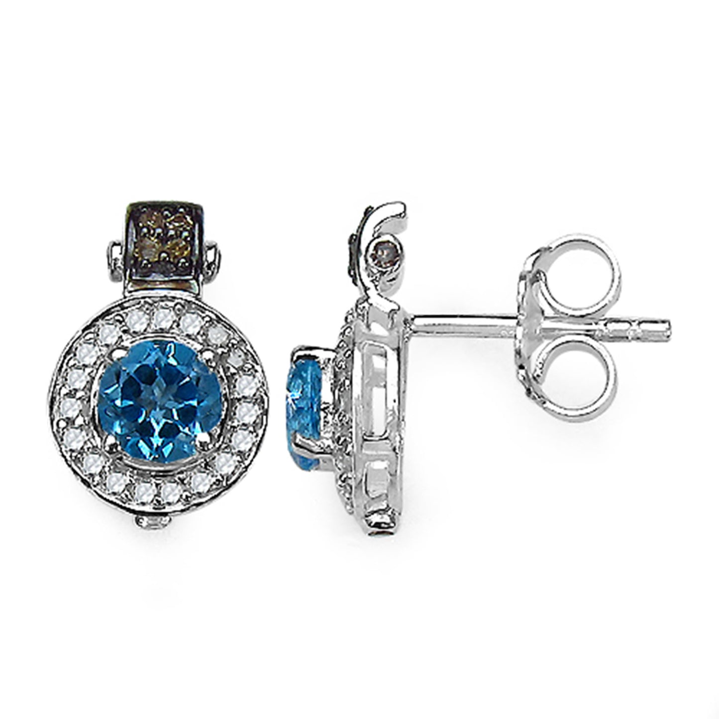 Swiss Blue Topaz Earrings With Diamonds 1.44 Carats Sterling Silver