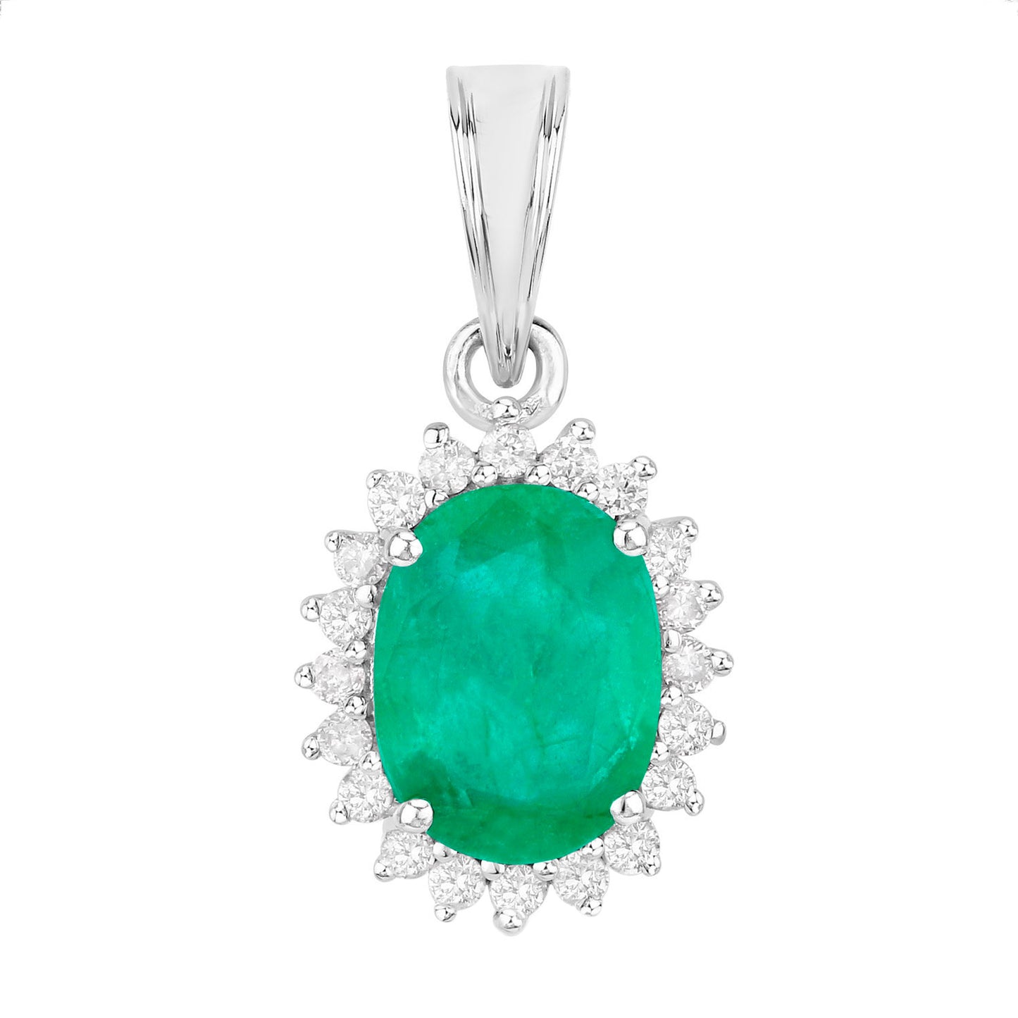Zambian Emerald Pendant Necklace Diamonds 1.35 Carats 10K White Gold