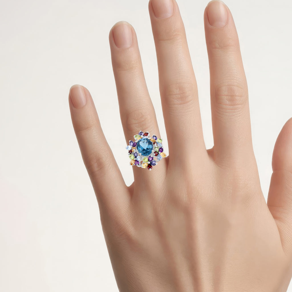 Natural Mixed Gemstones Ring 9.96 Carats Sterling Silver