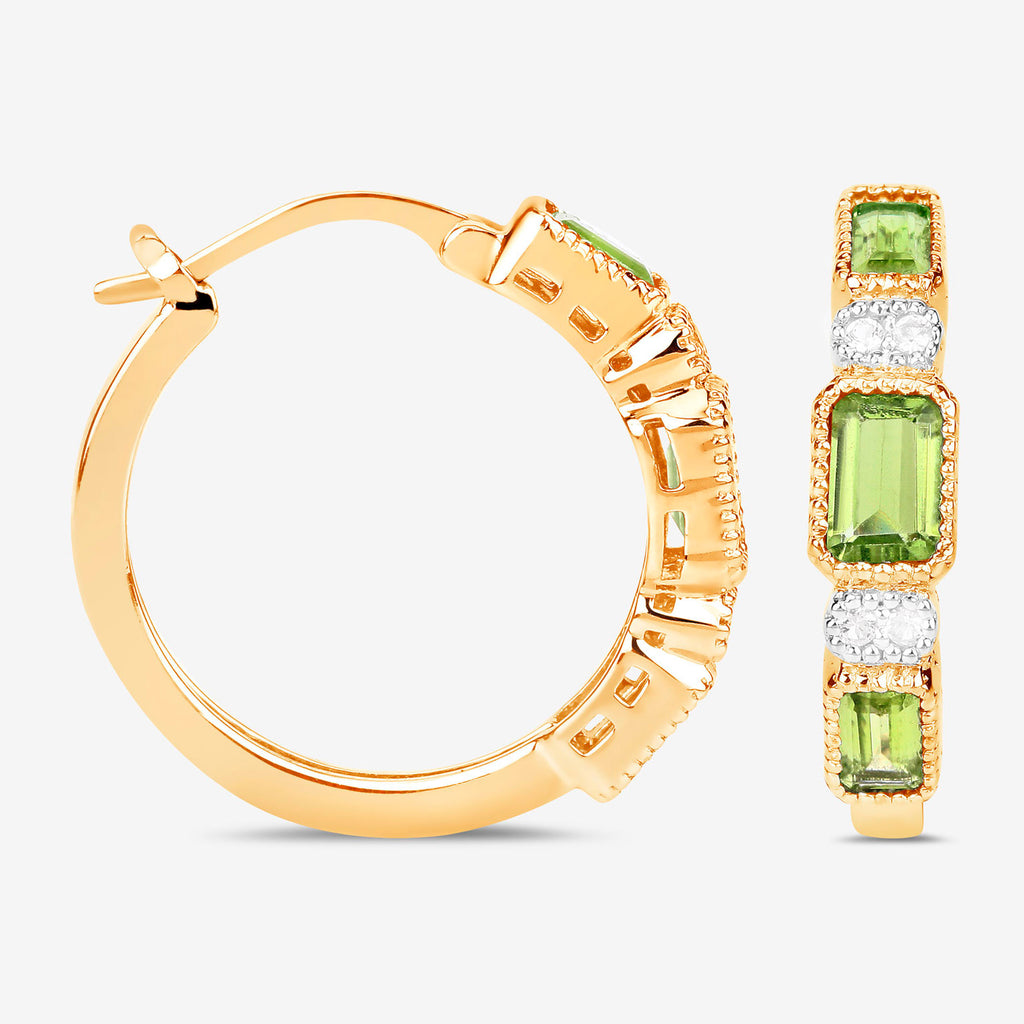 Natural Peridot Hoop Earrings White Topaz 2.44 Carats 14K Gold Plated Silver