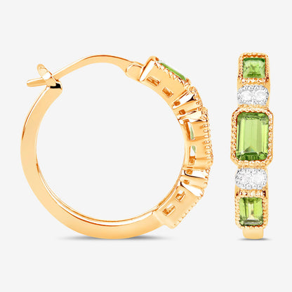 Natural Peridot Hoop Earrings White Topaz 2.44 Carats 14K Gold Plated Silver