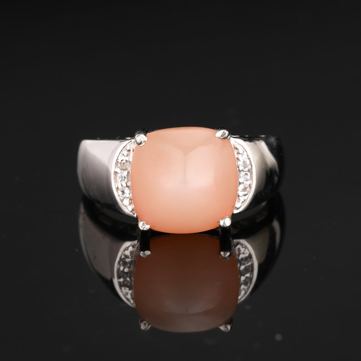 Peach Moonstone Ring With White Topaz 6.47 Carats Sterling Silver