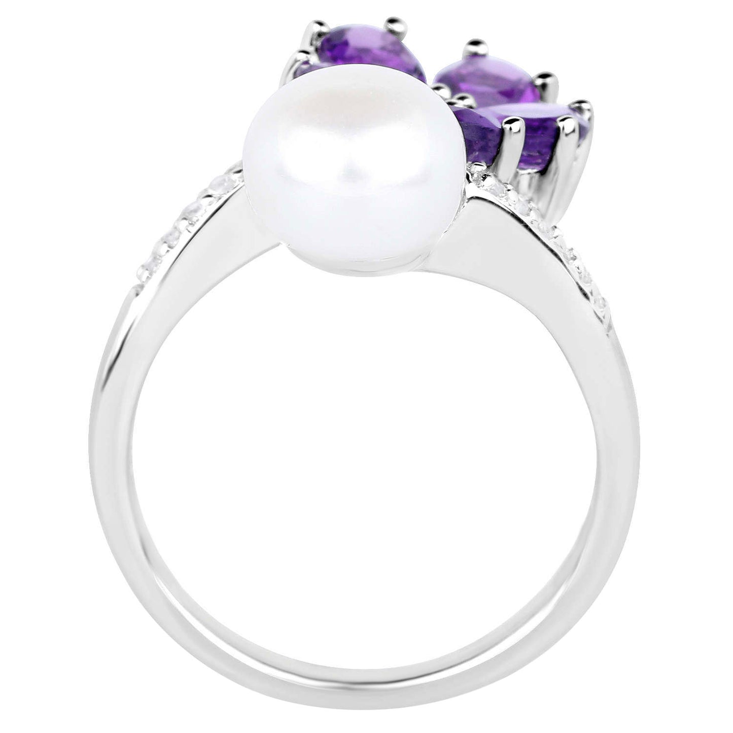 Amethyst and Pearl Bypass Flower Ring With White Zircons