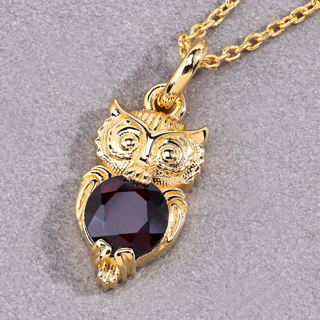 Garnet Owl Pendant 0.98 Carats Gold Plated Silver
