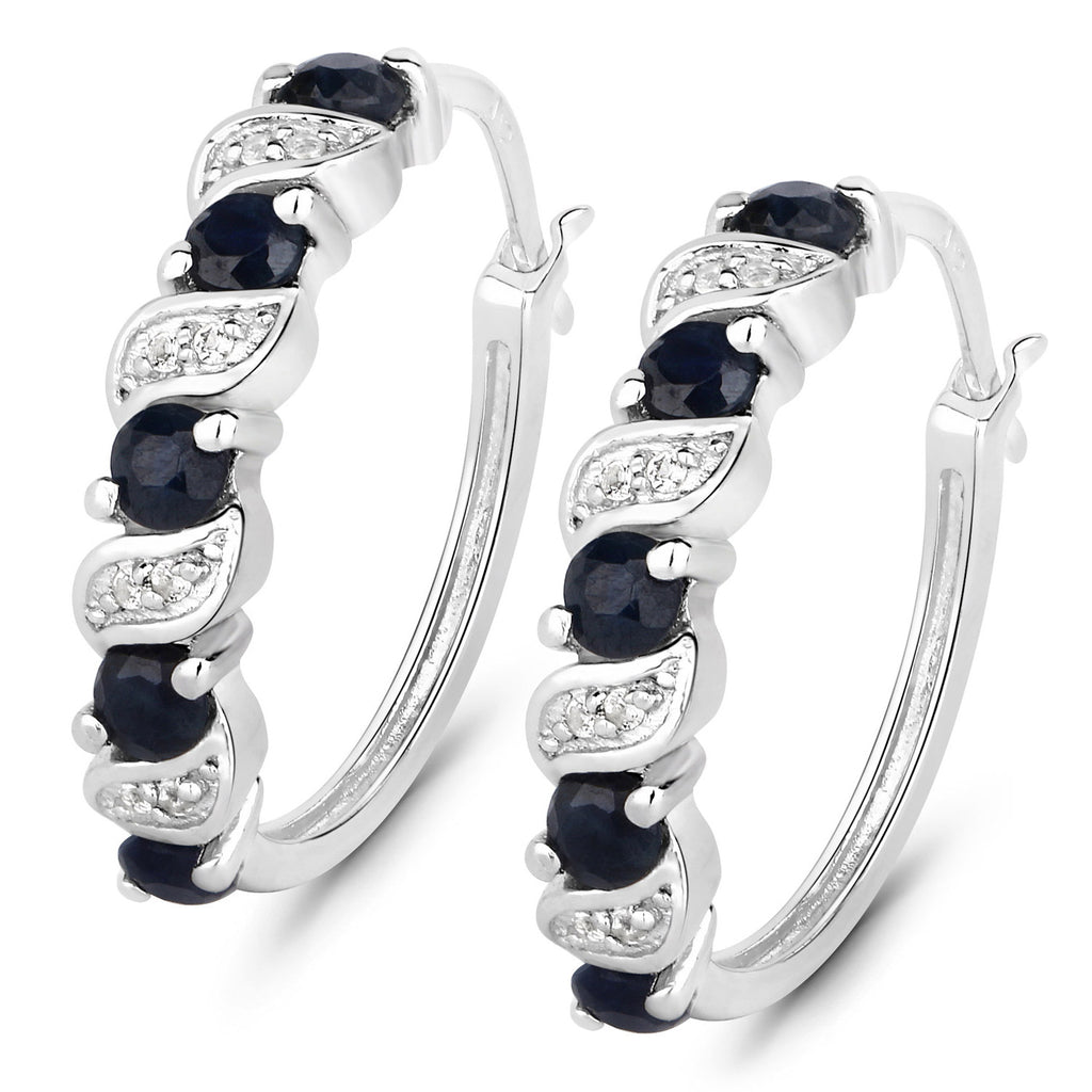 Blue Sapphire Hoop Earrings With White Topaz 1.24 Carats Sterling Silver