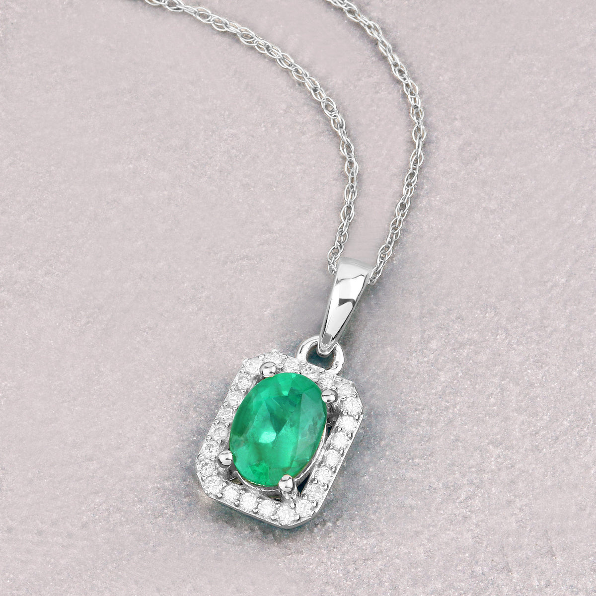 Zambian Emerald Pendant With Diamonds 0.8 Carats 10K White Gold