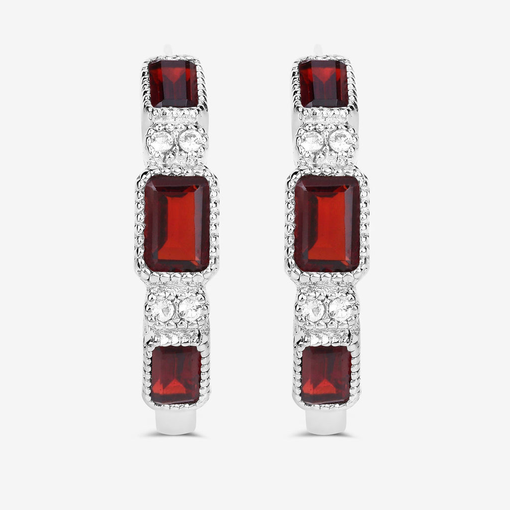 Garnet Hoop Earrings With White Topaz 2.74 Carats Sterling Silver