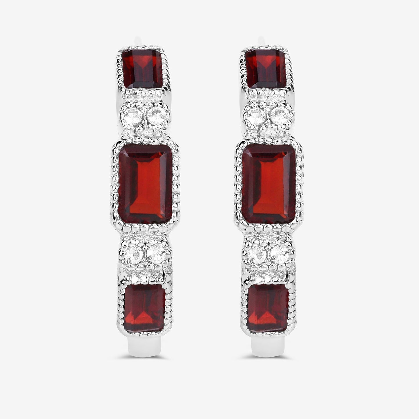 Garnet Hoop Earrings With White Topaz 2.74 Carats Sterling Silver