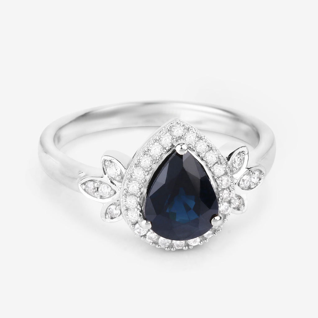 Blue Sapphire Ring With Diamonds 1.5 Carats 14K White Gold