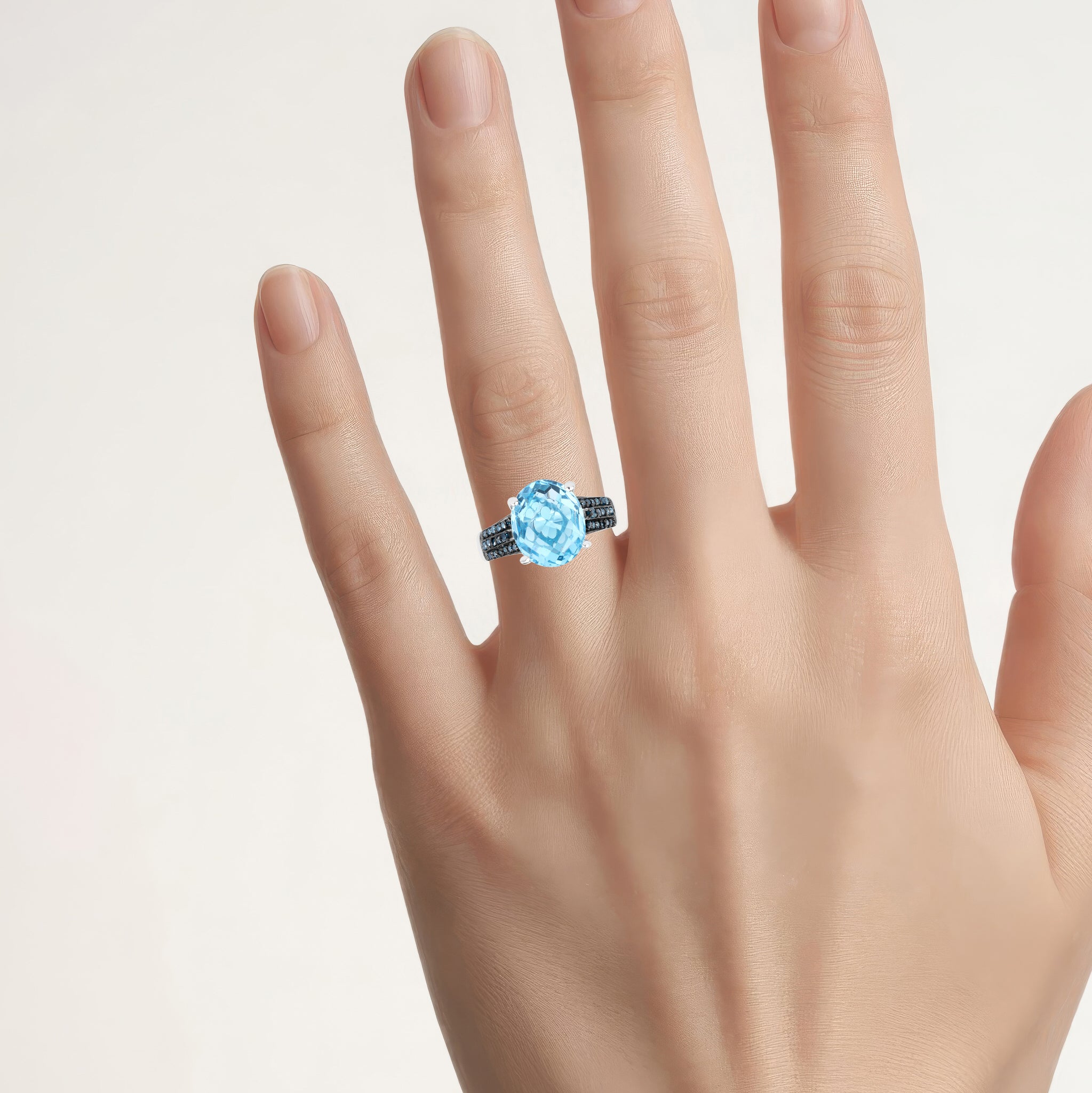 Swiss Blue Topaz Ring With Blue Diamonds 5.48 Carats Sterling Silver