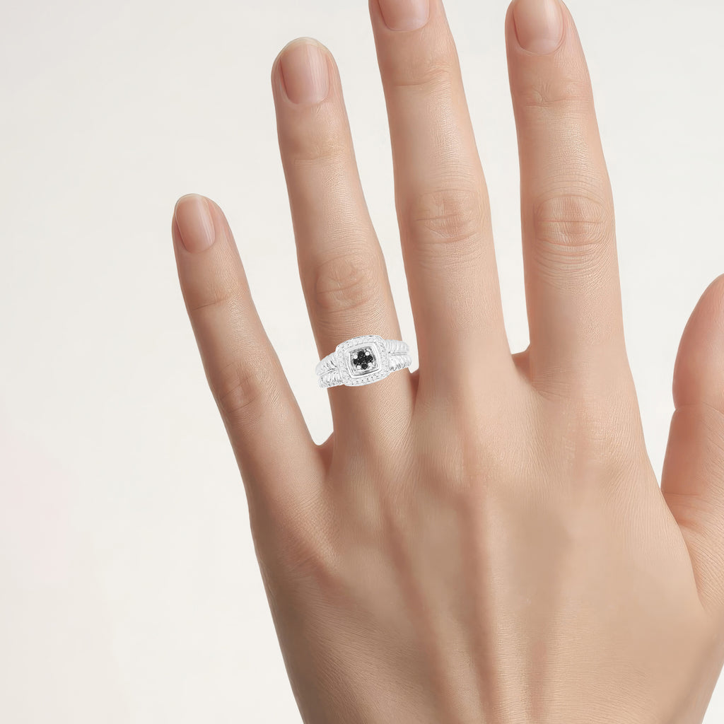 Black Diamond Ring With White Diamonds 0.16 Carats Sterling Silver