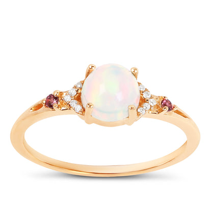 Ethiopian Opal Ring Pink Tourmalines Diamonds 0.56 Carats 14K Yellow Gold
