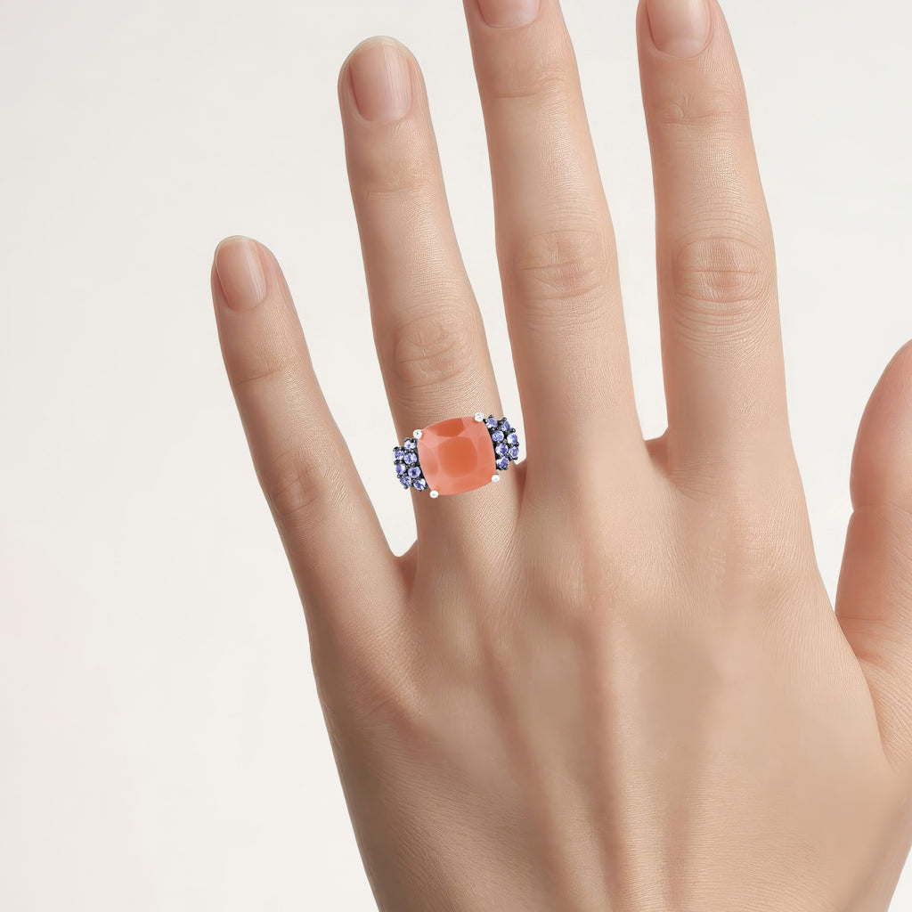 Peach Moonstone Ring With Tanzanite 6.16 Carats Sterling Silver