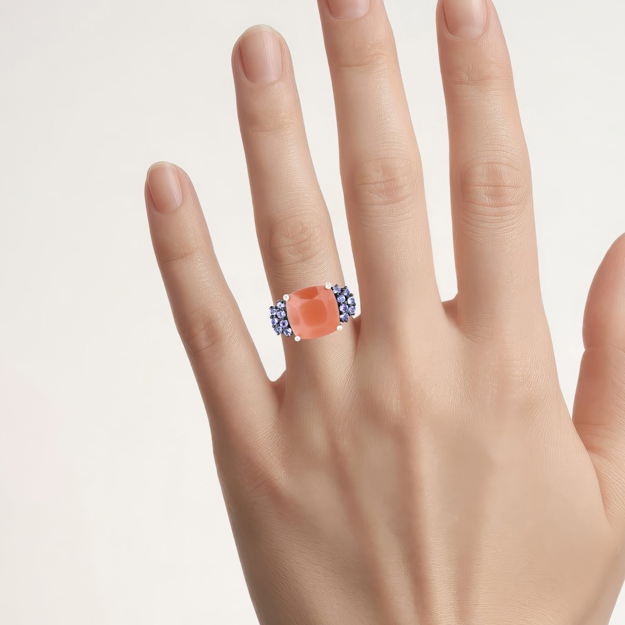 Peach Moonstone Ring With Tanzanite 6.16 Carats Sterling Silver