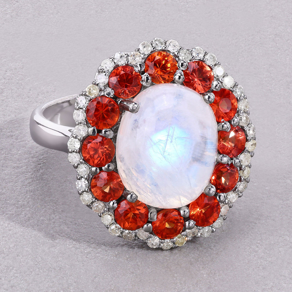 Moonstone Ring With Spessartite Garnet 6.32 Carats Sterling Silver