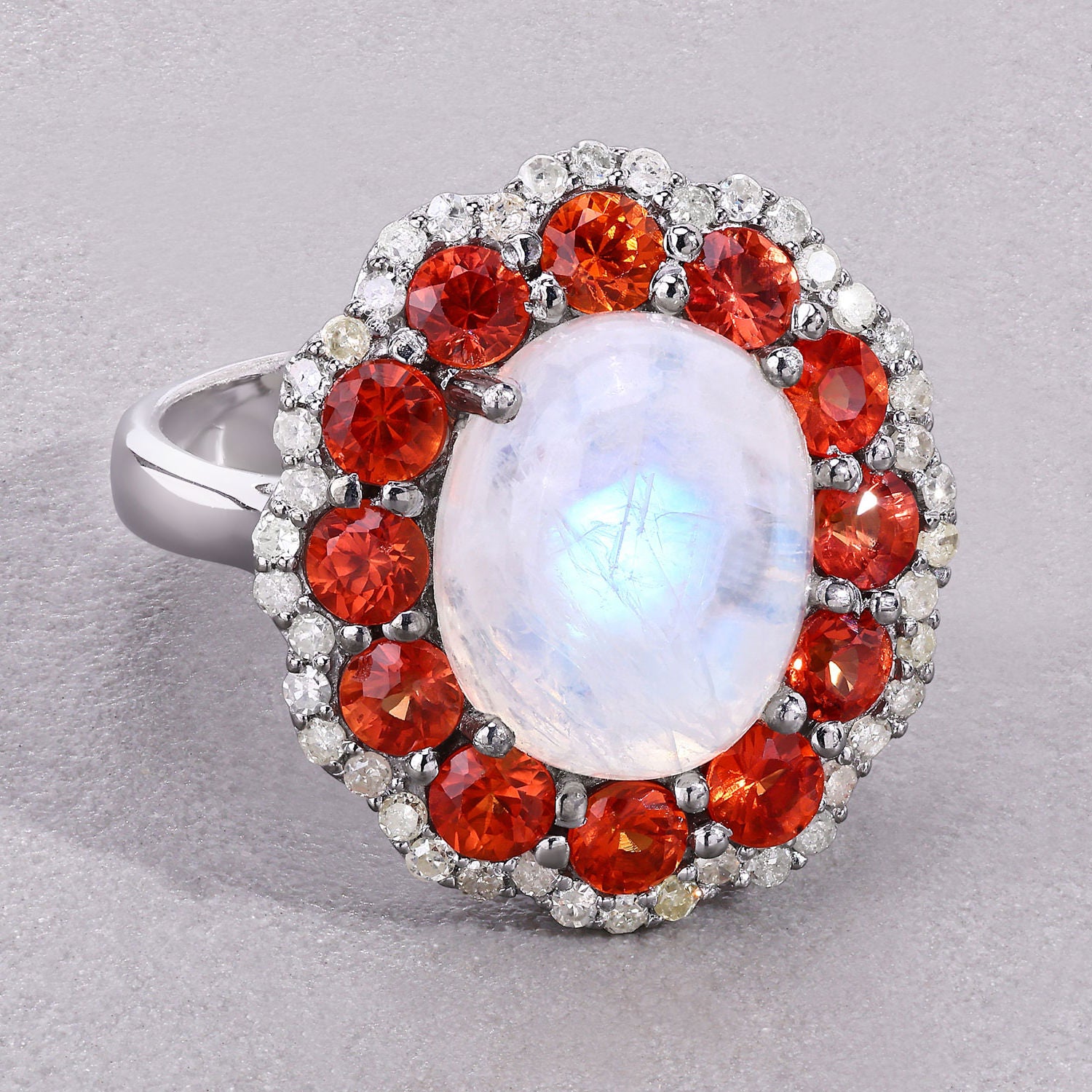 Moonstone Ring With Spessartite Garnet 6.32 Carats Sterling Silver