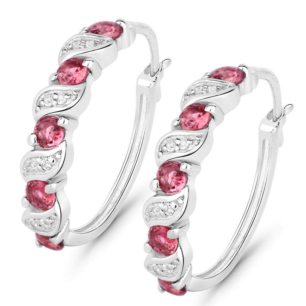 Pink Tourmaline Hoop Earrings With White Topaz 1.24 Carats Sterling Silver