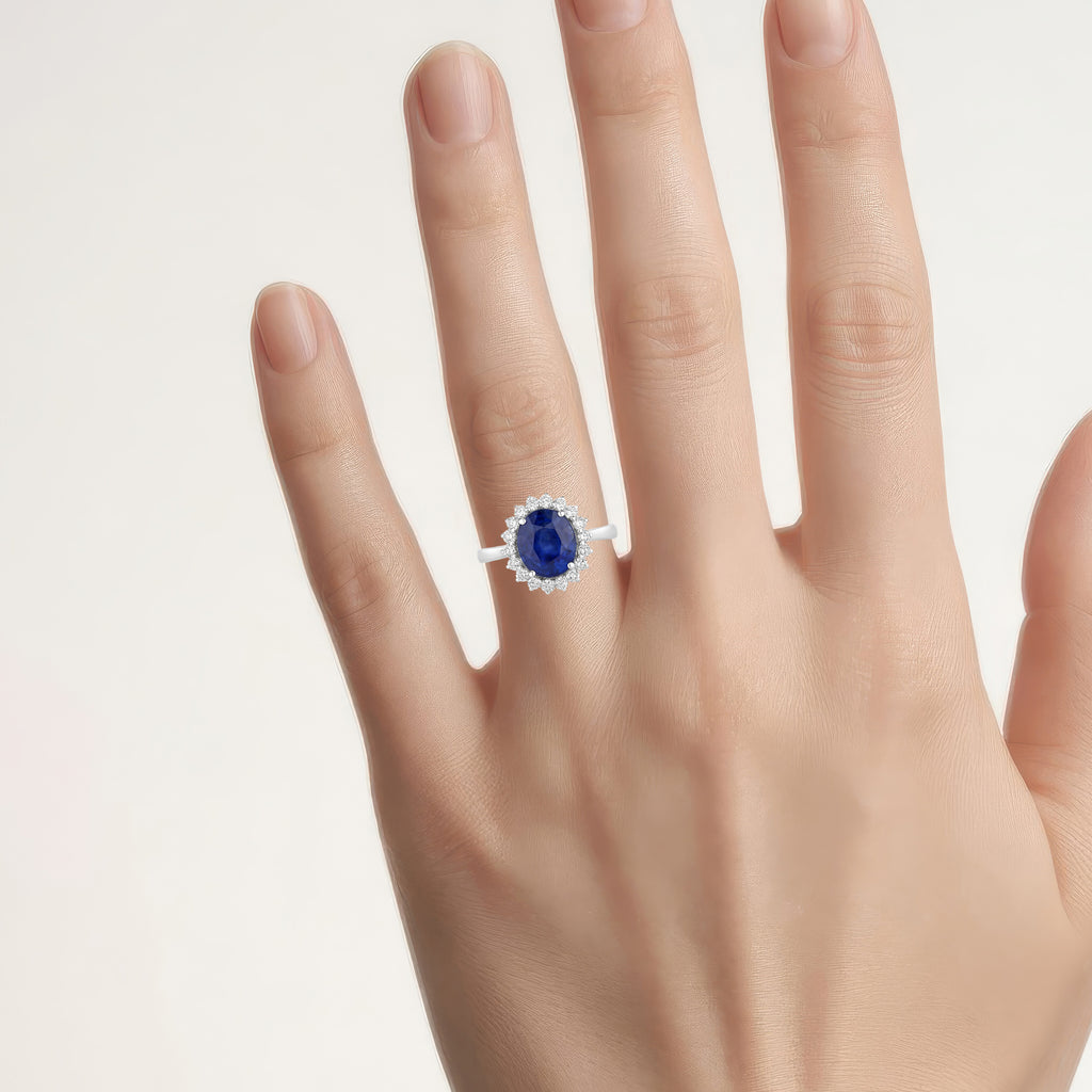 Blue Sapphire Ring With Diamonds 3.46 Carats 18K White Gold
