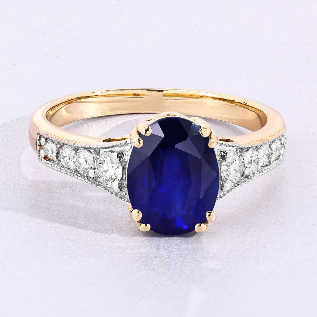 Blue Sapphire Ring With Diamonds 3 Carats 18K Yellow Gold