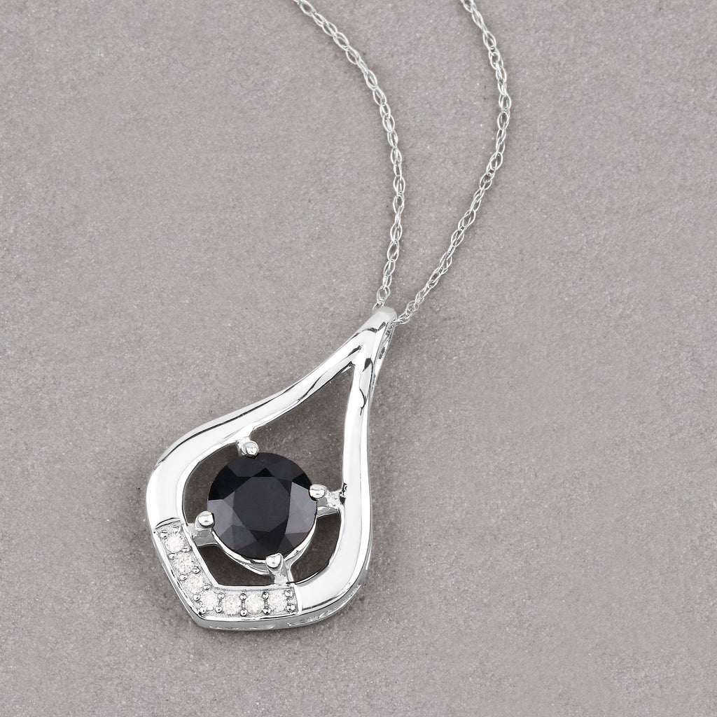 Blue Sapphire Pendant With Diamonds 1.2 Carats 10K White Gold