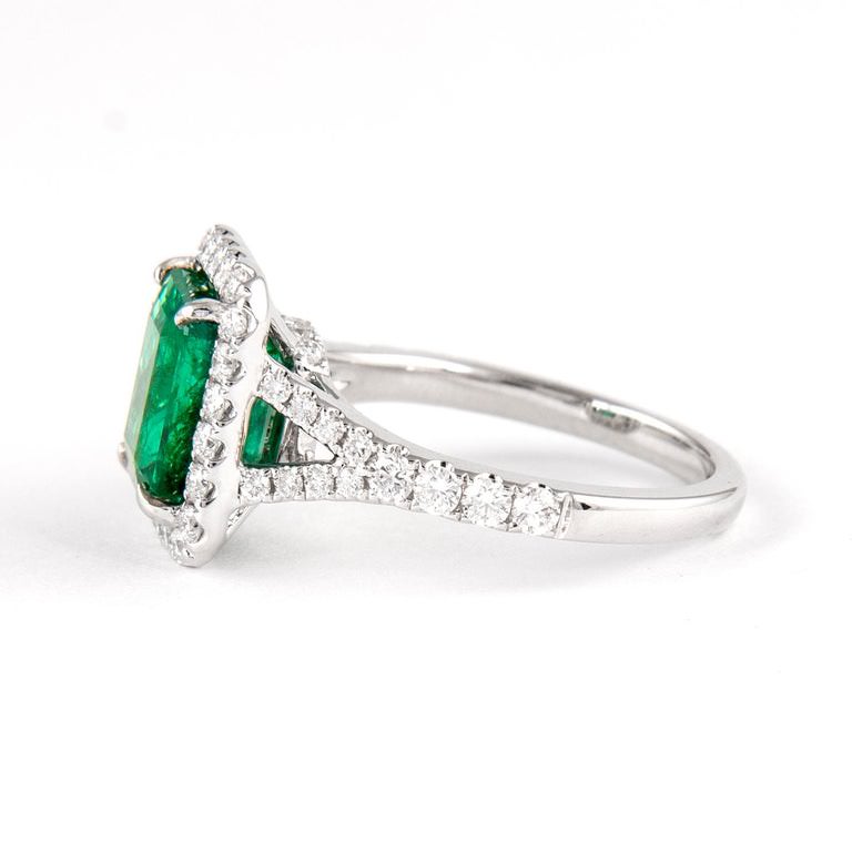 Emerald Ring Diamond Halo Setting 3.2 Carats 18K White Gold
