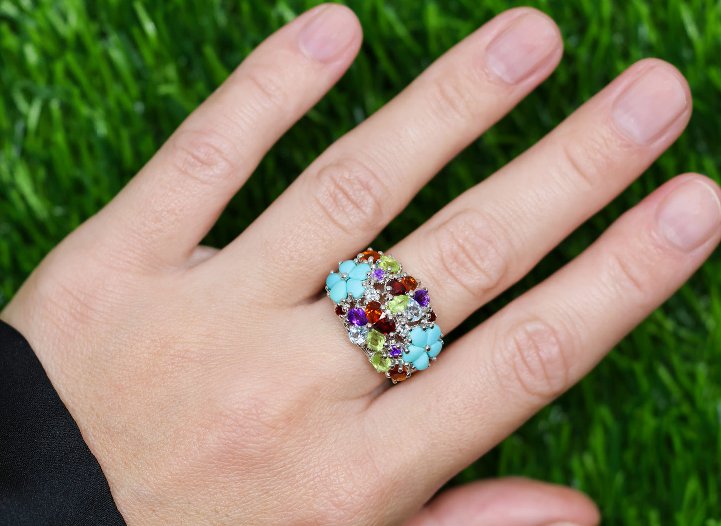 Multicolor Gemstones Cluster Flower Ring 4.06 Carats