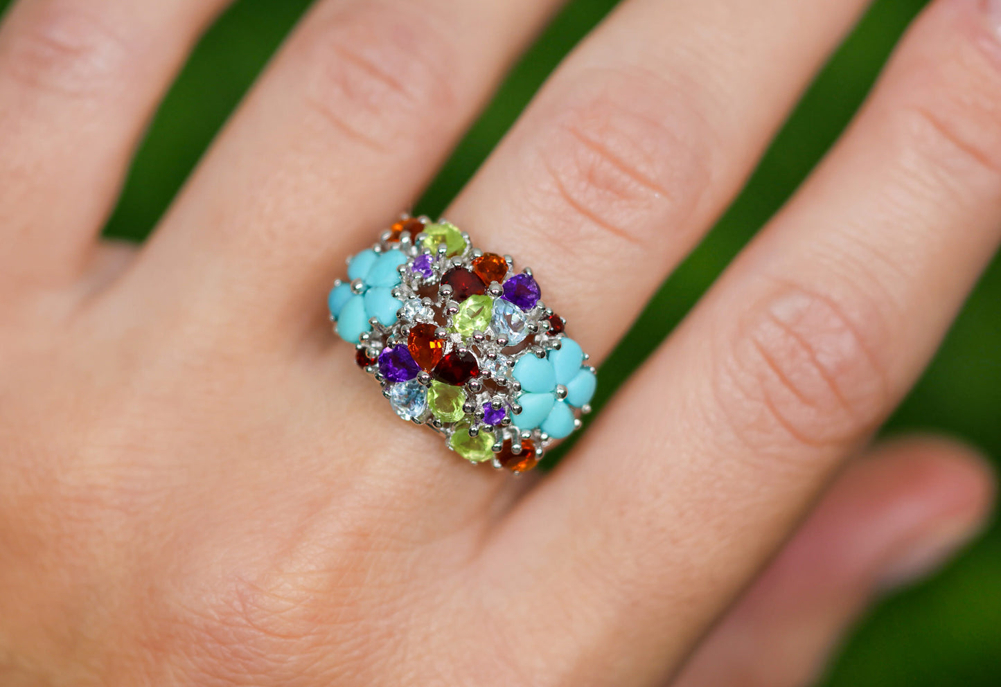 Multicolor Gemstones Cluster Flower Ring 4.06 Carats