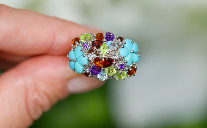 Multicolor Gemstones Cluster Flower Ring 4.06 Carats