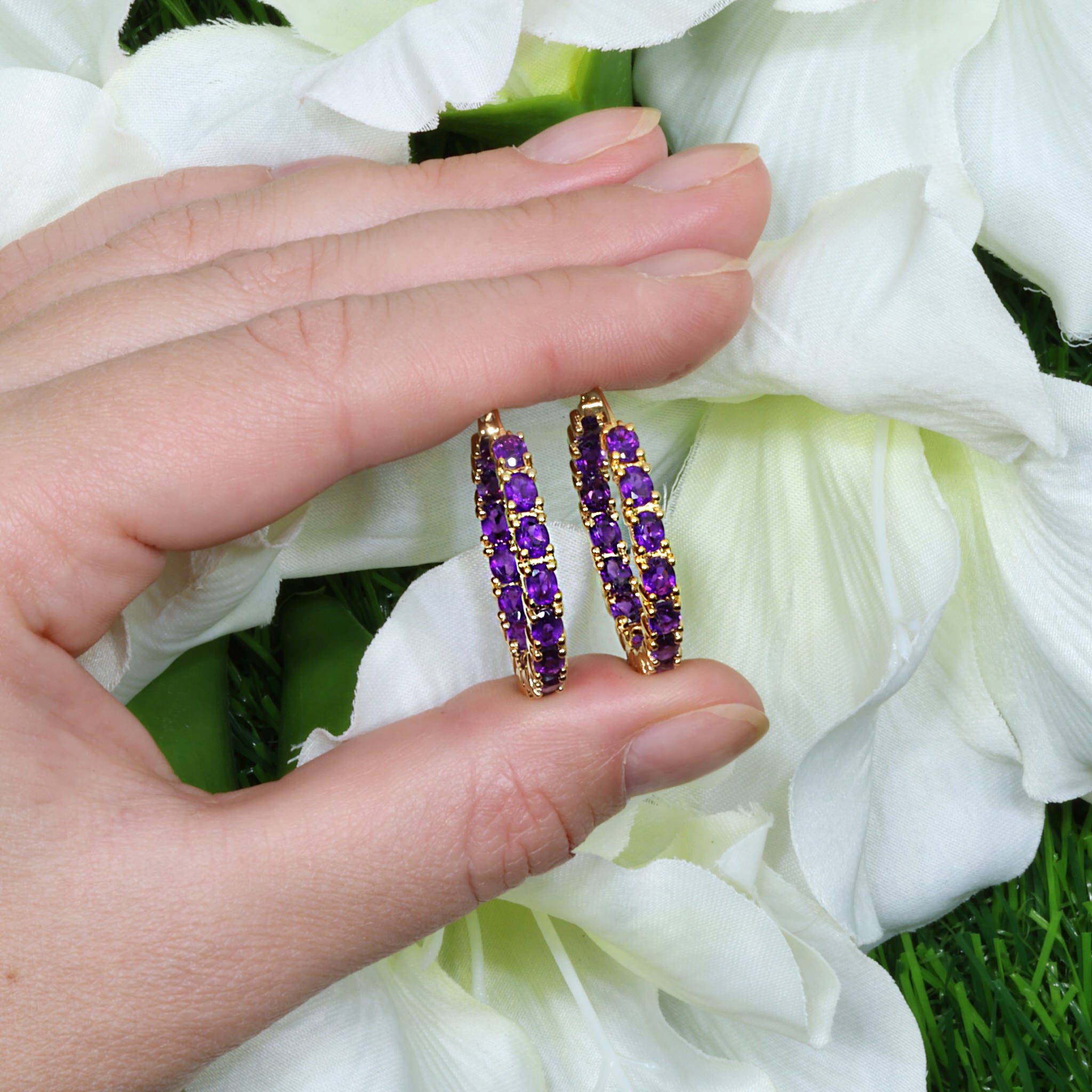 Amethyst Hoop Earrings 4.8 Carats 14K Yellow Gold Plated Silver