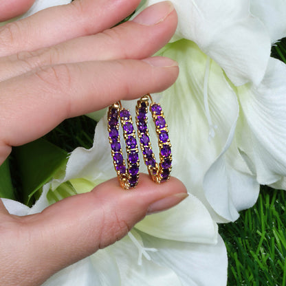 Amethyst Hoop Earrings 4.8 Carats 14K Yellow Gold Plated Silver
