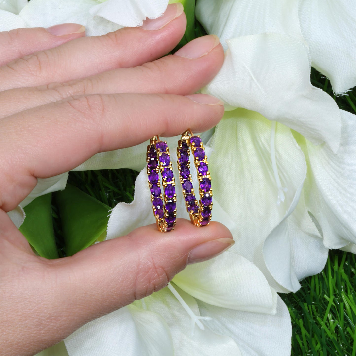 Amethyst Hoop Earrings 4.8 Carats 14K Yellow Gold Plated Silver