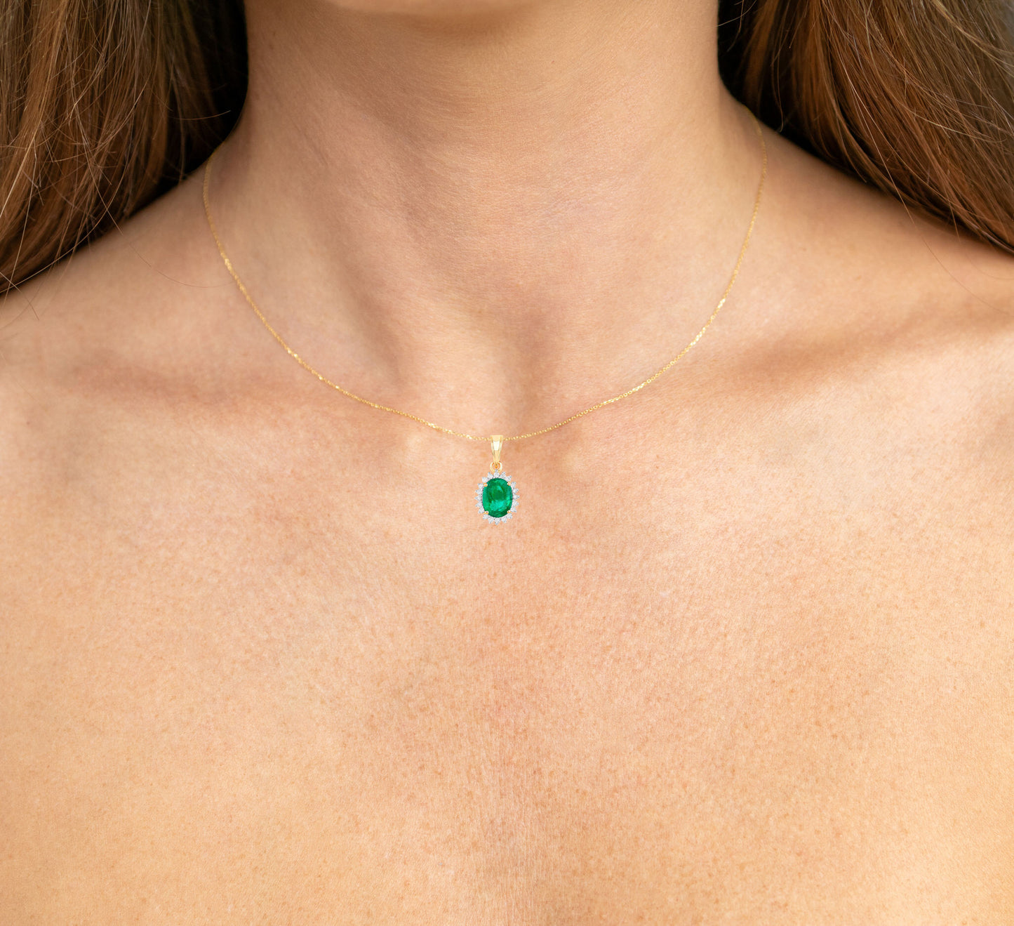 Zambian Emerald Pendant Necklace Diamonds 1.35 Carats 10K Yellow Gold