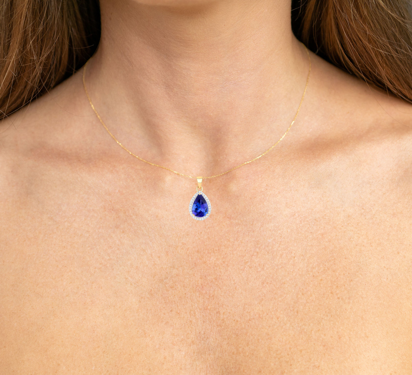 Tanzanite Pendant Necklace With Diamond Halo 3.2 Carats Total 14K Gold