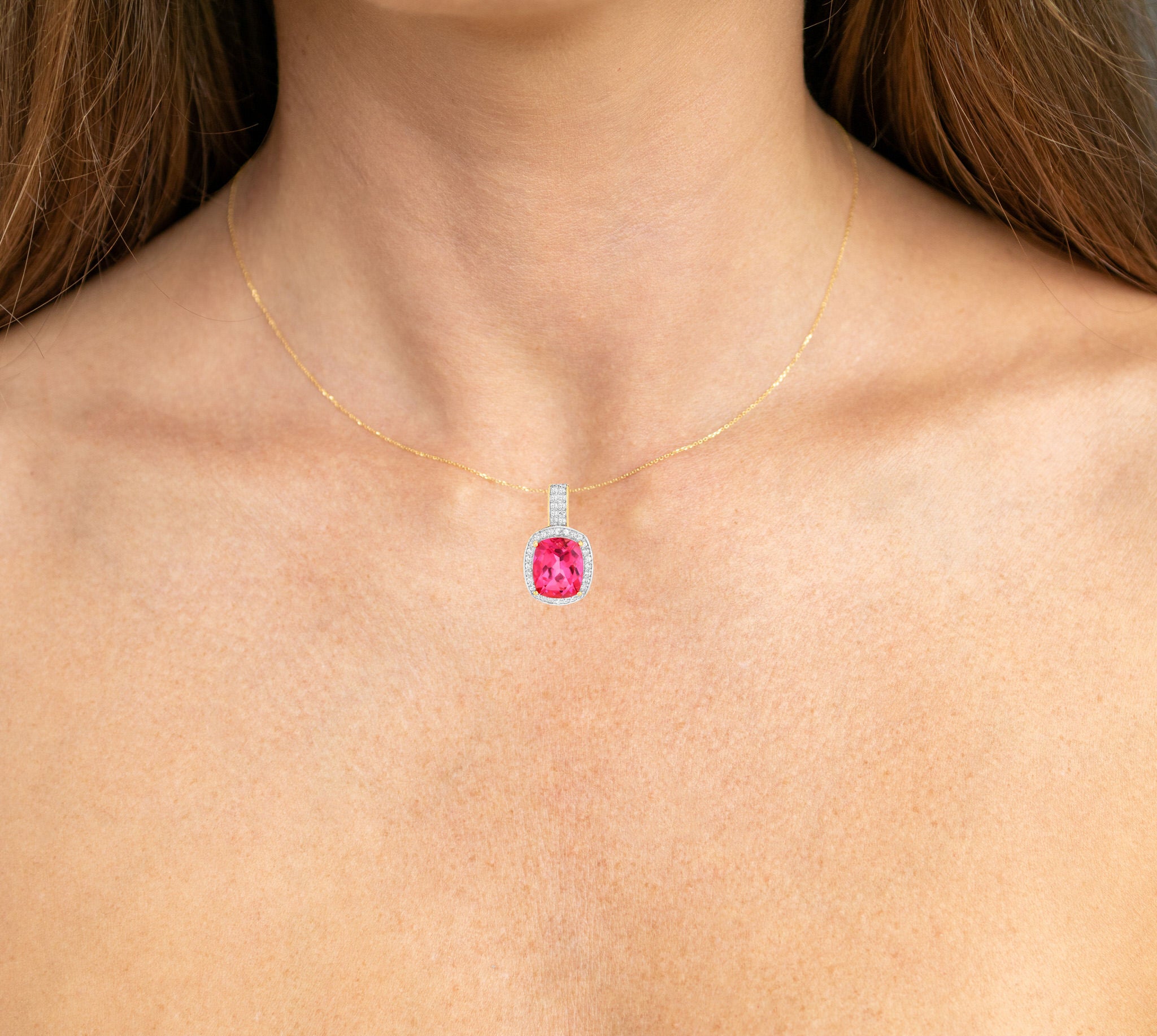 Pink Topaz Pendant White Topaz Setting 6.85 Carats 18K Yellow Gold Plated Silver