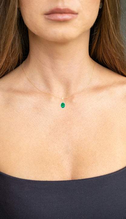 Zambian Emerald Pendant Necklace Diamonds 1.35 Carats 10K Yellow Gold