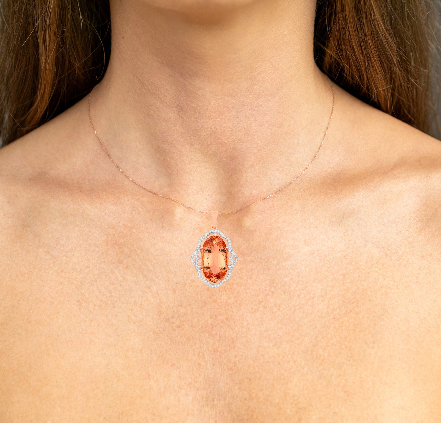 Morganite Pendant Necklace Diamonds 27 Carats 14K Rose Gold