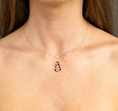 Morganite Pendant Necklace Diamond Halo 22 Carats 14K Rose Gold